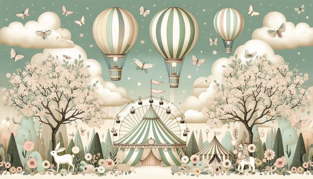 Hot air balloon wallpaper bringing magic to a cozy nursery, with soft sage-green and cream stripes creating a dreamy atmosphere