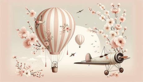 Vintage hot air balloon and cherry blossom design file showing intricate pattern details and soft pink color palette