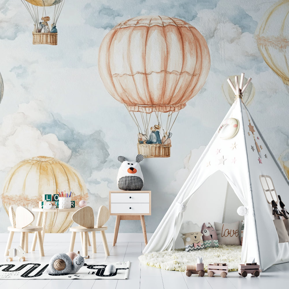 Hot air balloon wallpaper in a bright nursery showing peaceful floating balloons against soft morning sky