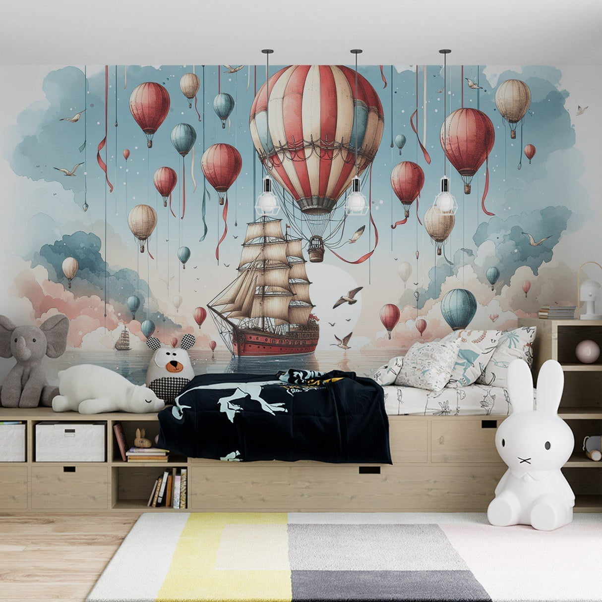 Hot air balloon wallpaper creating a dreamy atmosphere in a bright nursery with natural light and wooden furniture