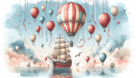 Hot air balloon watercolor design file showing detailed vintage balloons and sailing ships in soft pastels