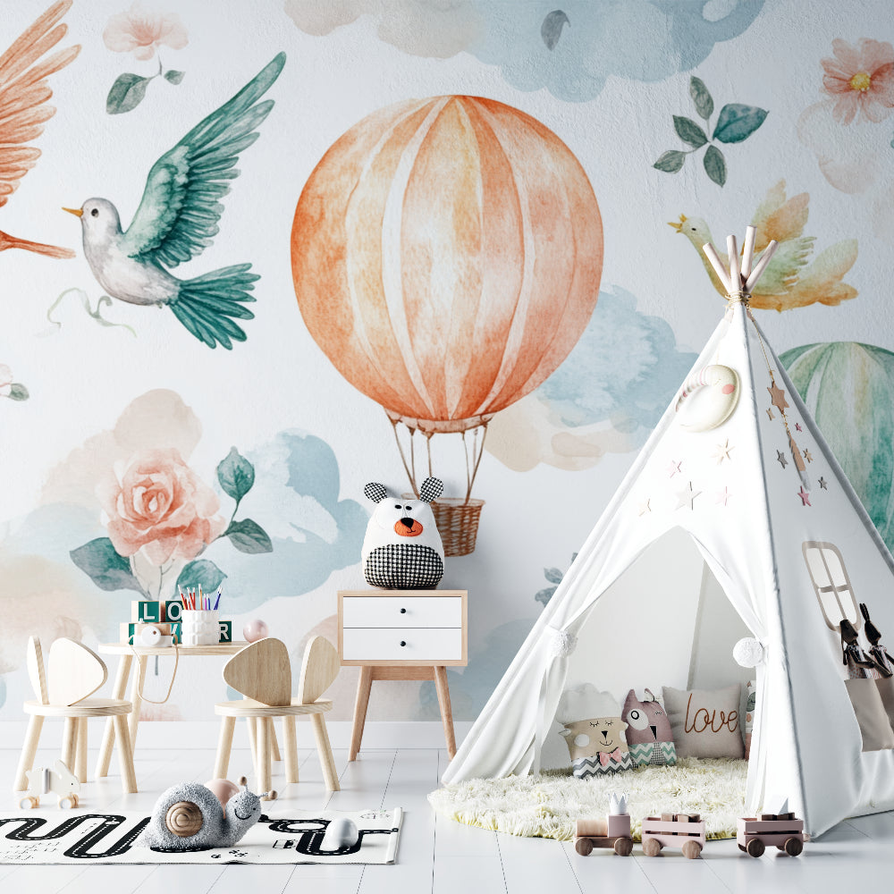 Watercolor balloon wallpaper brightening a child's playroom with natural light