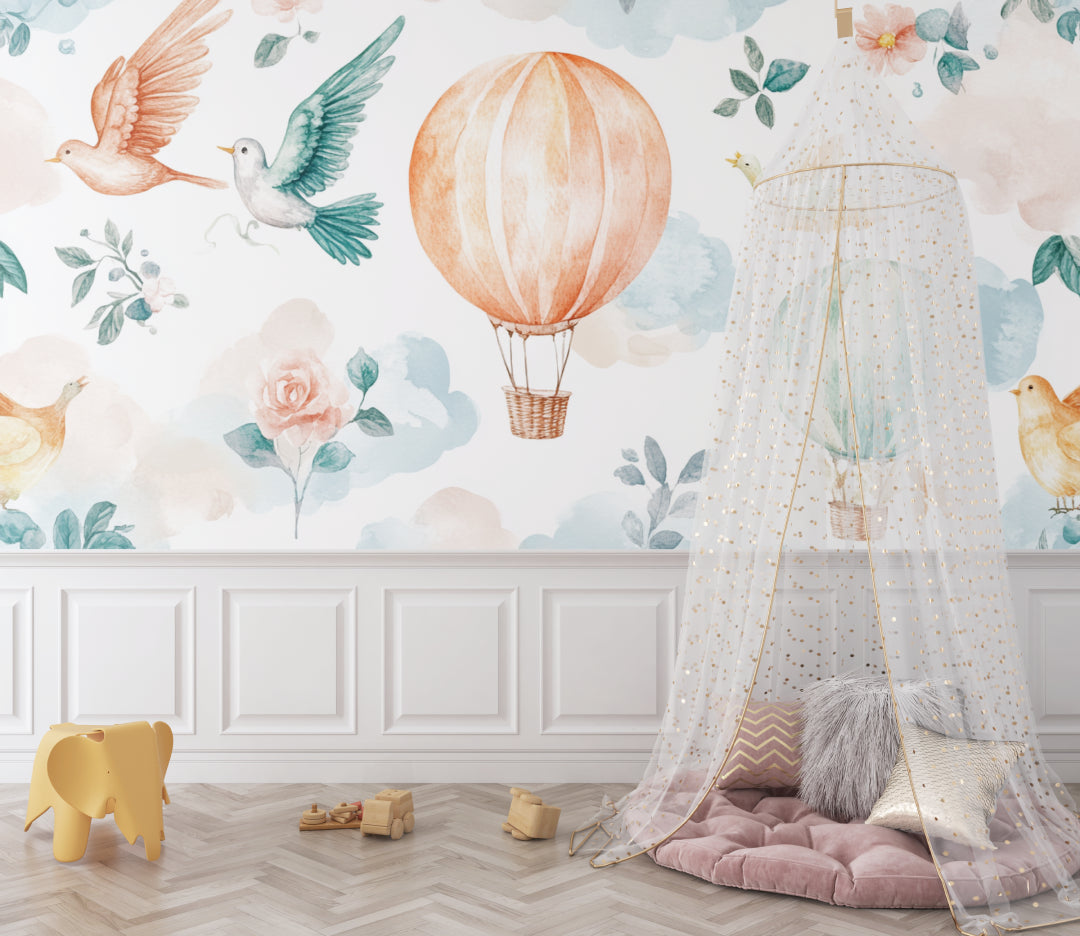 Balloon and bird wallpaper creating a sweet reading nook in kids room