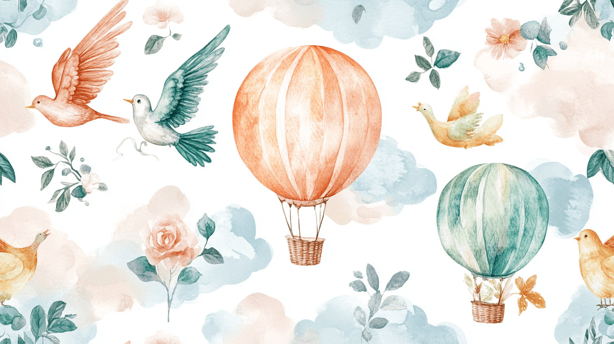 Watercolor hot air balloon design file showing delicate birds and floral pattern
