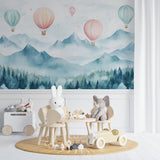 Hot air balloon wall mural showcased in a cozy bedroom setting
