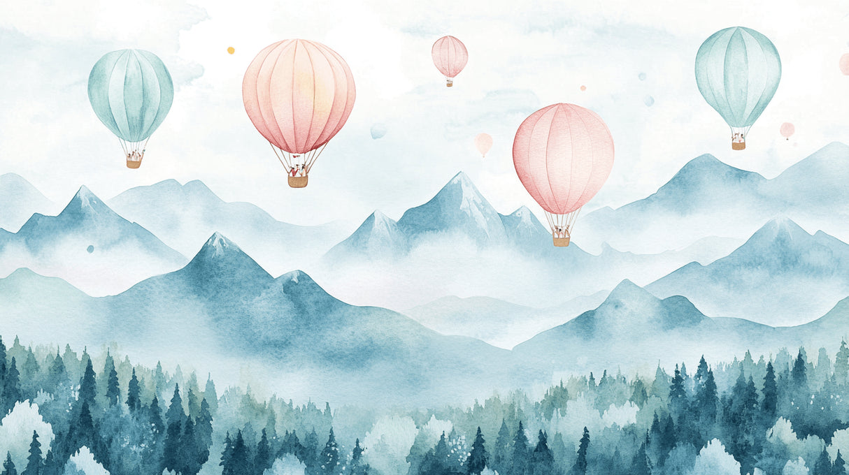 Design file showing detailed watercolor hot air balloons and mountain landscape pattern