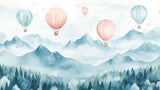 Design file showing detailed watercolor hot air balloons and mountain landscape pattern
