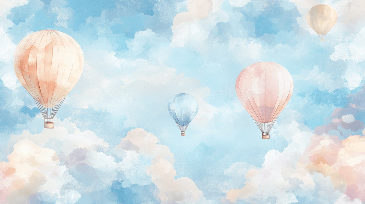 Hot air balloon wallpaper design file showing delicate watercolor balloons drifting through pastel skies