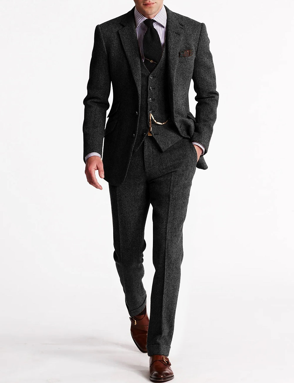 Classic Tweed Three Piece Suit  Brown Herringbone Wool Blend - Product detail 6