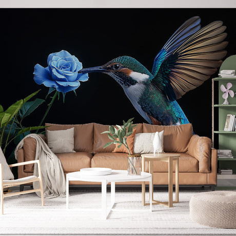Stunning Hummingbird wallpaper mural creating dramatic impact in a modern living room with blue accents