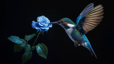 Hummingbird and blue rose design file showing intricate details on black background