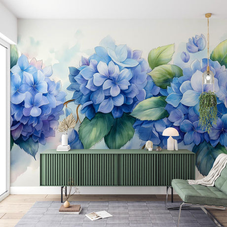 Blue Hydrangea wallpaper mural creating a fresh garden feel in a bright modern living room with white furniture