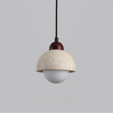 Natural Stone Pendant Light  Marble Dome With Walnut Accent - Product showcase