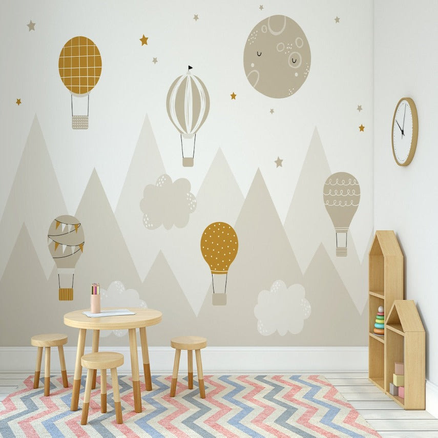 Hot Air Balloon Mural Wallpaper | Mountain Adventure with Stars