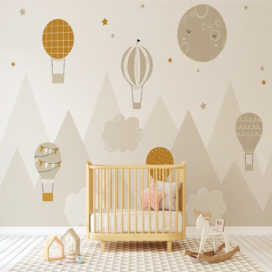 Hot Air Balloon Mural Wallpaper | Mountain Adventure with Stars