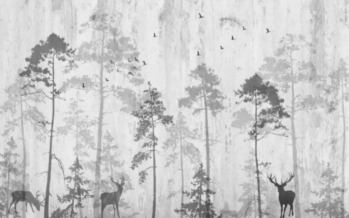 Forest Mural Wallpaper | Black and White Pine Trees with Birds