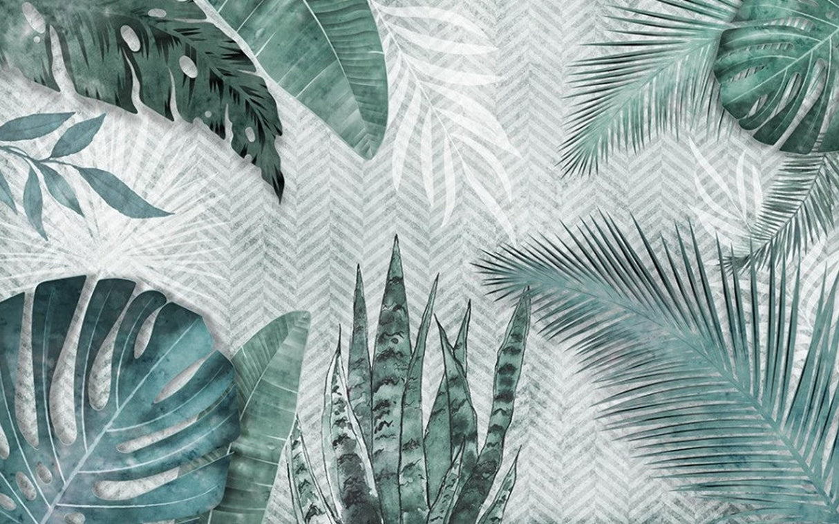 Tropical Mural Wallpaper | Green Monstera and Palm Leaves Pattern