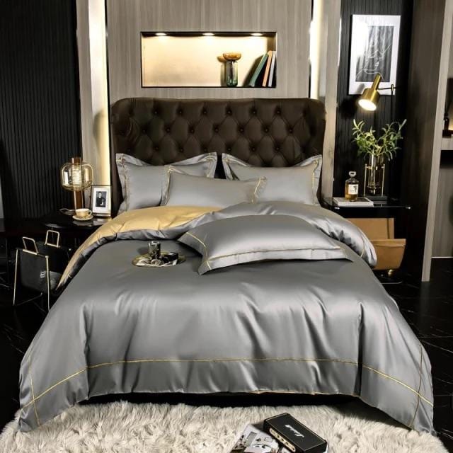 Egyptian Cotton Bedding Set  Premium Silver Trim Design - Product showcase