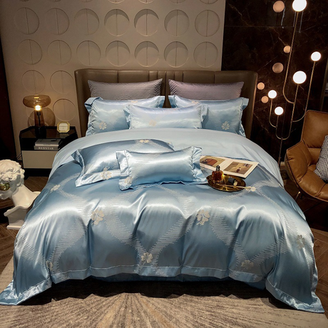 Luxury Egyptian Cotton Bedding Set  Silk Blue Butterfly Pattern - Product showcase