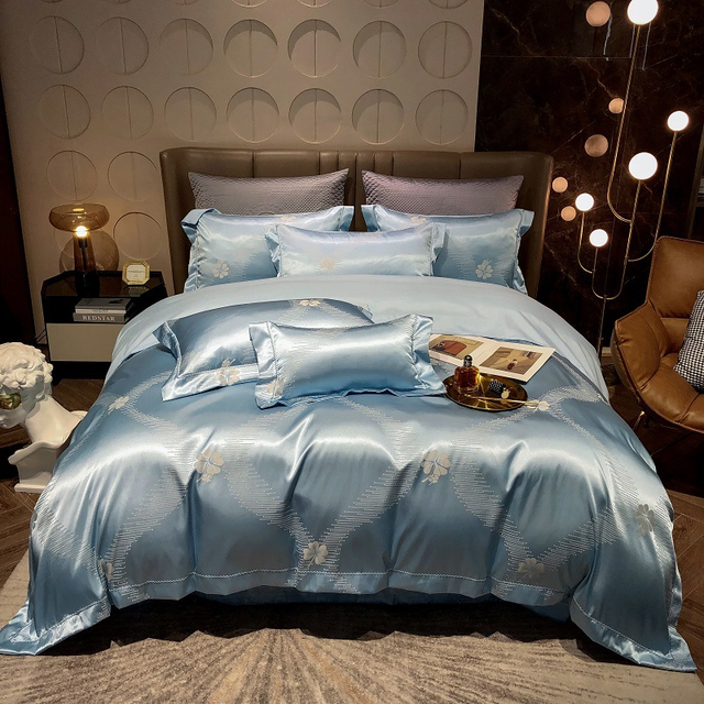 Luxury Egyptian Cotton Bedding Set  Silk Blue Butterfly Pattern - Product showcase