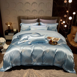 Luxury Egyptian Cotton Bedding Set  Silk Blue Butterfly Pattern - Detailed view