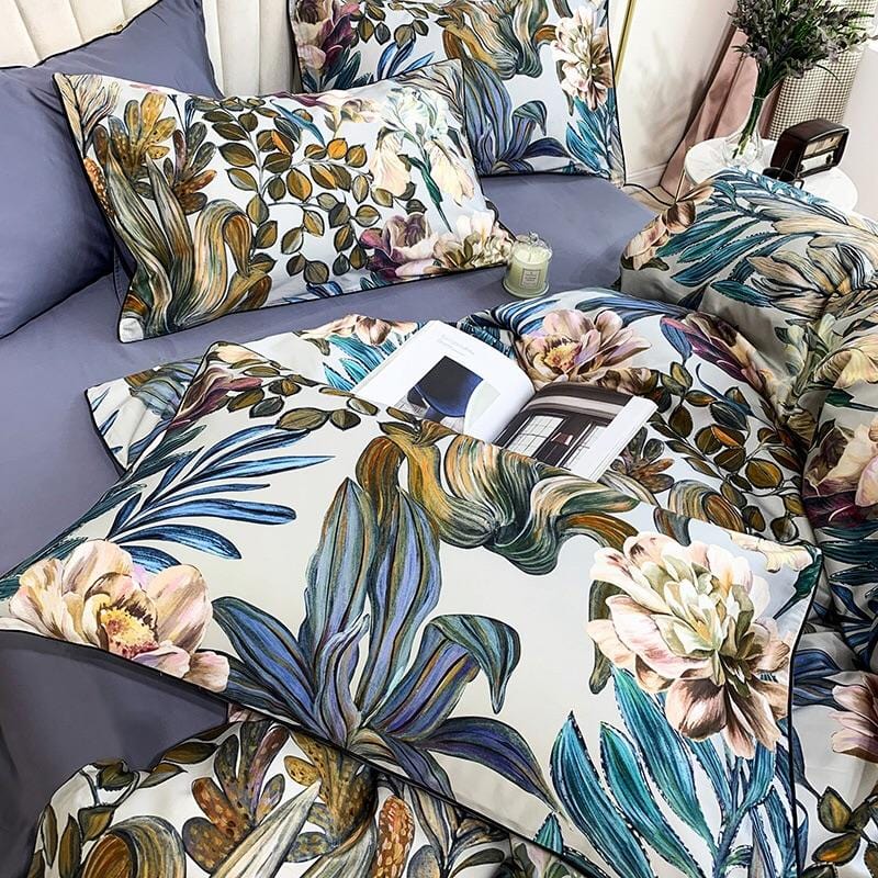 Tropical Floral Duvet Cover  Egyptian Cotton Botanical Print - Detailed view