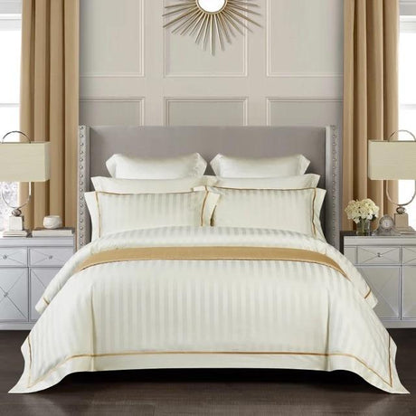 Egyptian Cotton Duvet Cover  Cream Striped Design with Gold Trim - Product showcase