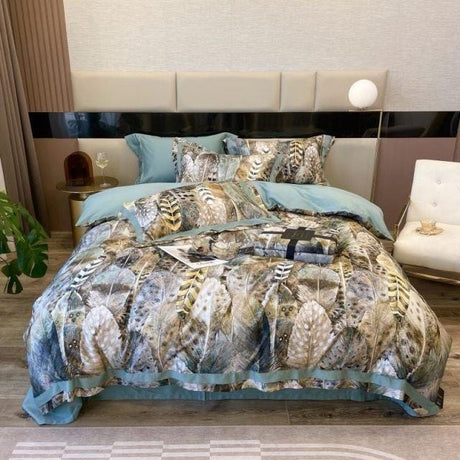 Luxury Egyptian Cotton Duvet Set  Feather Print Design With Blue Trim - Product showcase