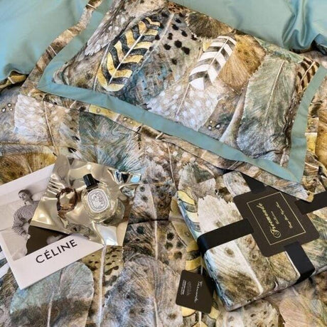 Luxury Egyptian Cotton Duvet Set  Feather Print Design With Blue Trim - Product detail 6