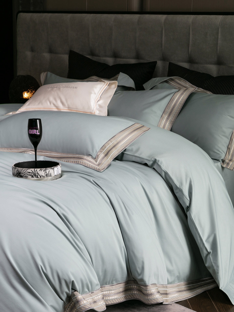 Luxury Egyptian Cotton Bedding Set  Sage Green With Lace Trim - Product showcase