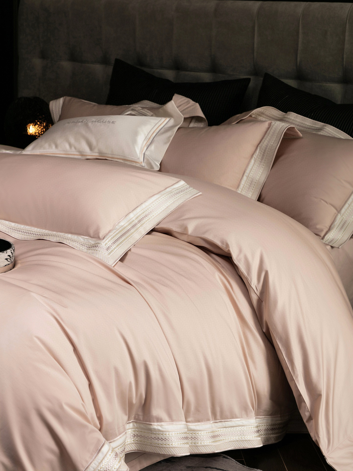 Luxury Egyptian Cotton Bedding Set  Sage Green With Lace Trim - Detailed view