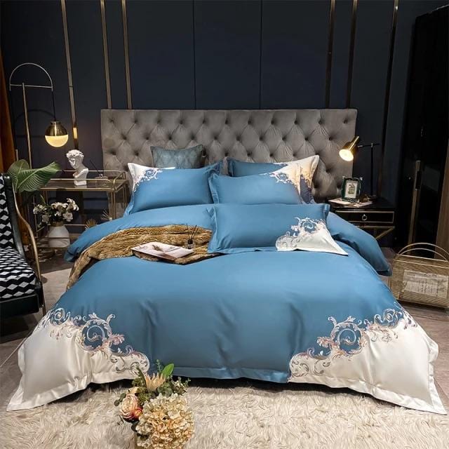 Egyptian Cotton Duvet Set  Embroidered Blue Baroque Design - Detailed view