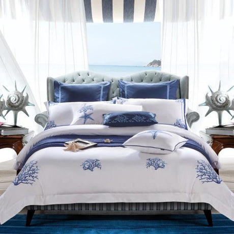 Luxury Egyptian Cotton Bedding Set  Blue Coral Pattern - Product showcase