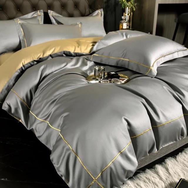 Egyptian Cotton Bedding Set  Premium Silver Trim Design - Detailed view