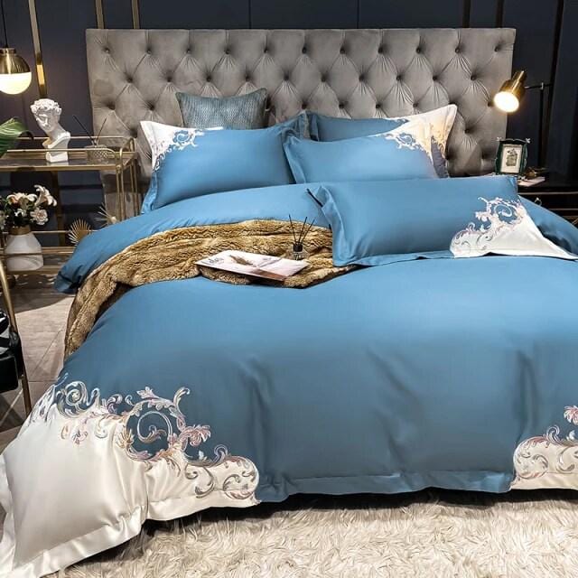 Egyptian Cotton Duvet Set  Embroidered Blue Baroque Design - Product showcase