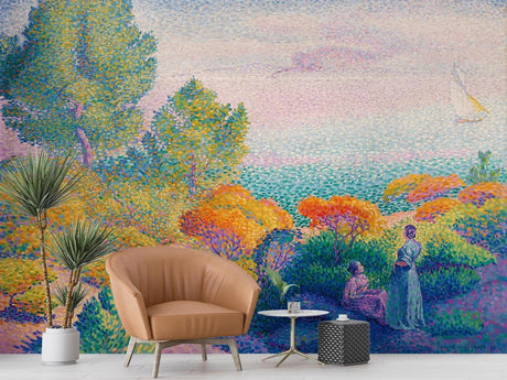 Mediterranean coastal wallpaper mural creating a bright, airy atmosphere in modern living room with white furniture