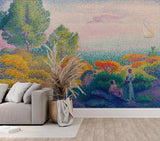 Impressionist Mediterranean wall mural adding artistic flair to dining room with coastal views