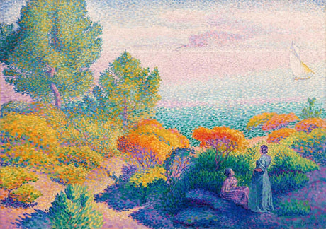 Mediterranean coastal scene wallpaper design file showing pointillist art technique and color details