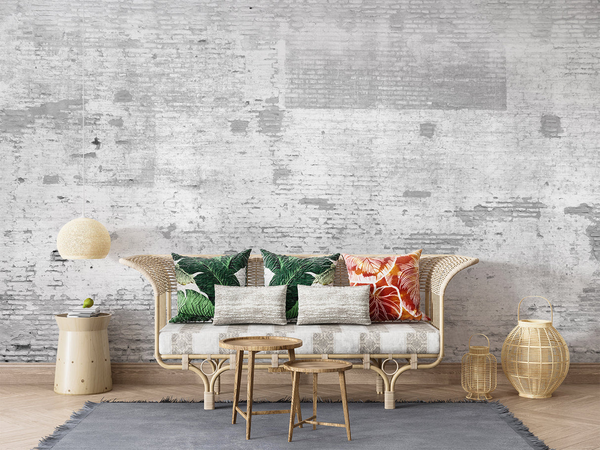 White brick wallpaper in modern living room showing industrial charm and texture
