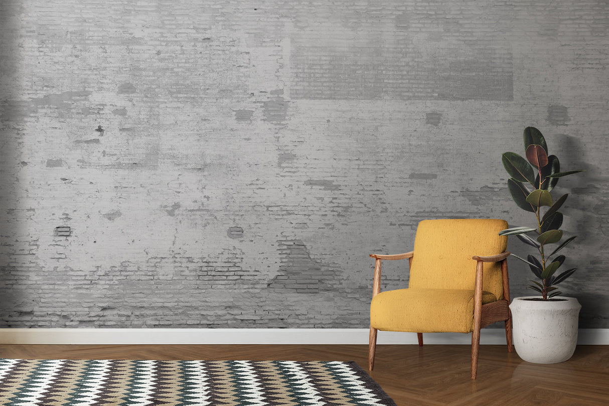 White stone effect wallpaper transforming kitchen dining area