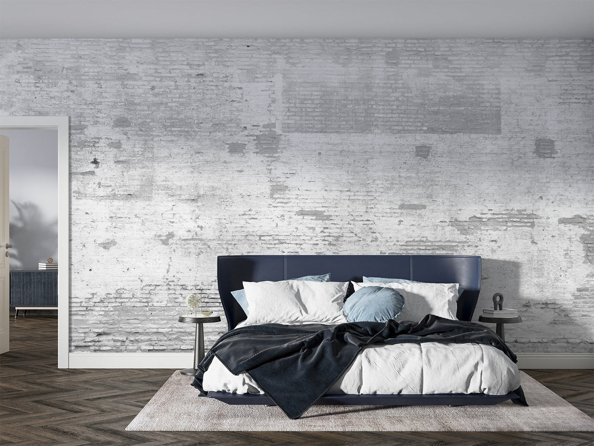 Weathered brick wall mural in contemporary home office space