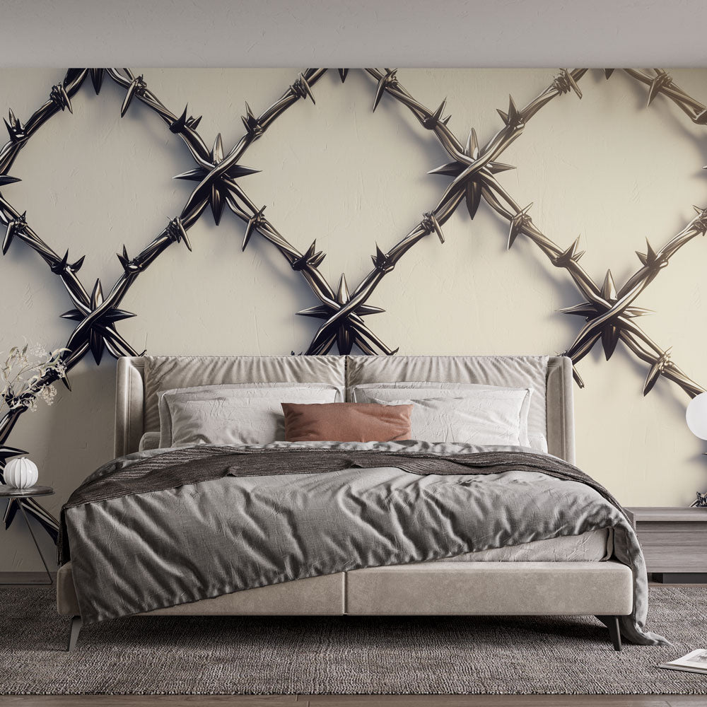 Industrial 3D metallic wallpaper creating dramatic effect in a modern office space with natural lighting