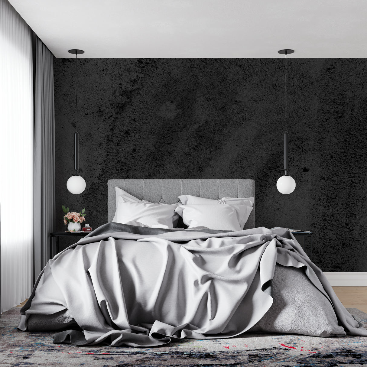 Industrial concrete wallpaper adding urban style to home office with metal desk setup