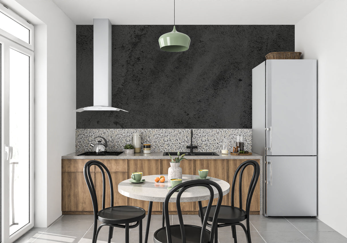 Dark concrete effect mural in bedroom with minimal decor and modern lighting