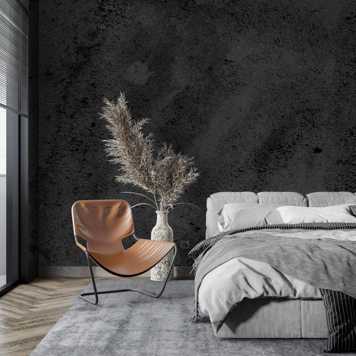 Black textured concrete wallpaper in restaurant showing dramatic lighting effects