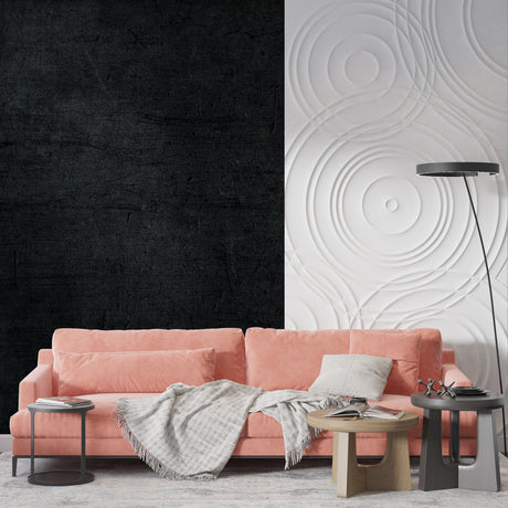 Black industrial wallpaper in modern living room creating urban atmosphere