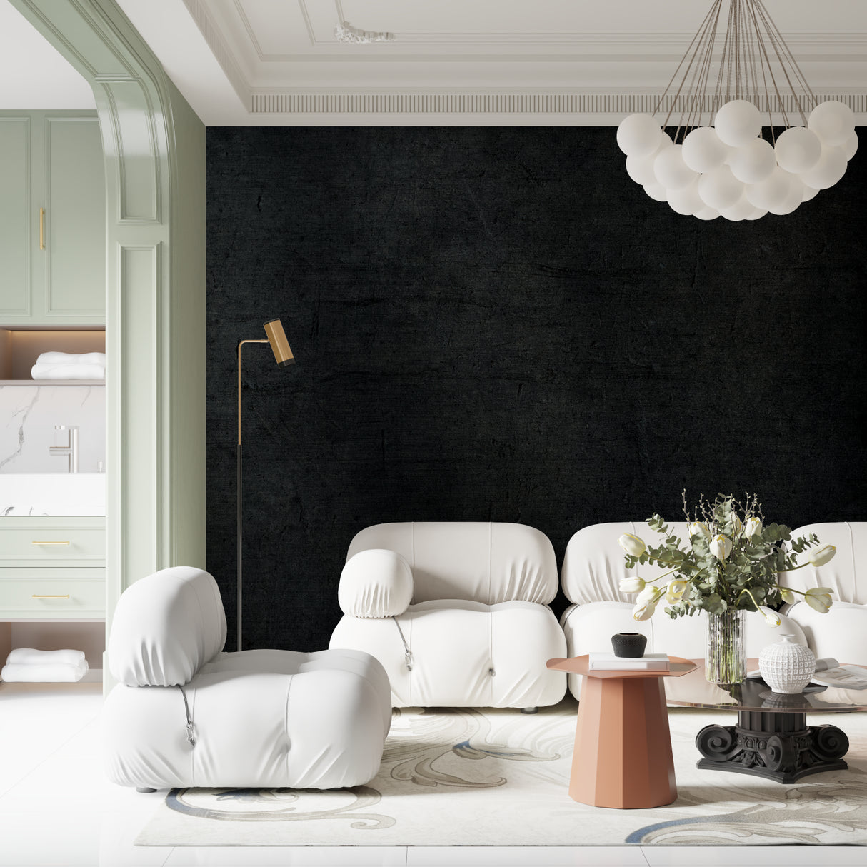Textured black wall mural in office space with minimalist furniture