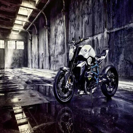 Industrial motorcycle wallpaper creating dramatic impact in modern living room with natural light highlighting BMW design
