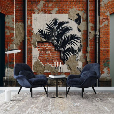 Industrial brick wallpaper with palm silhouette creating depth in a modern loft living room with high ceilings
