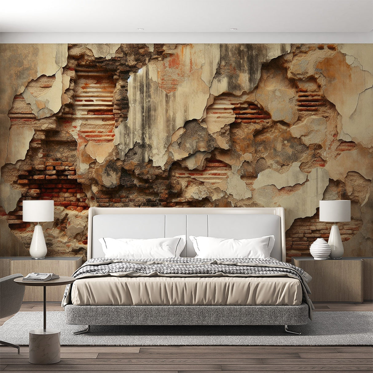 Industrial brick wallpaper creating a stunning accent wall in modern loft living room with high ceilings and contemporary furniture